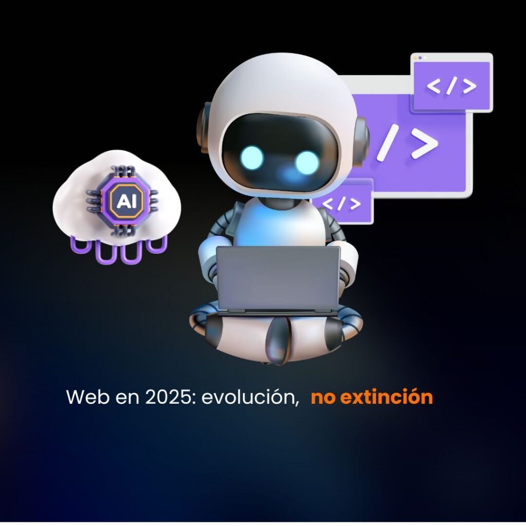 Robot con laptop y gráficos de IA y programación representando la evolución de la web en 2025.