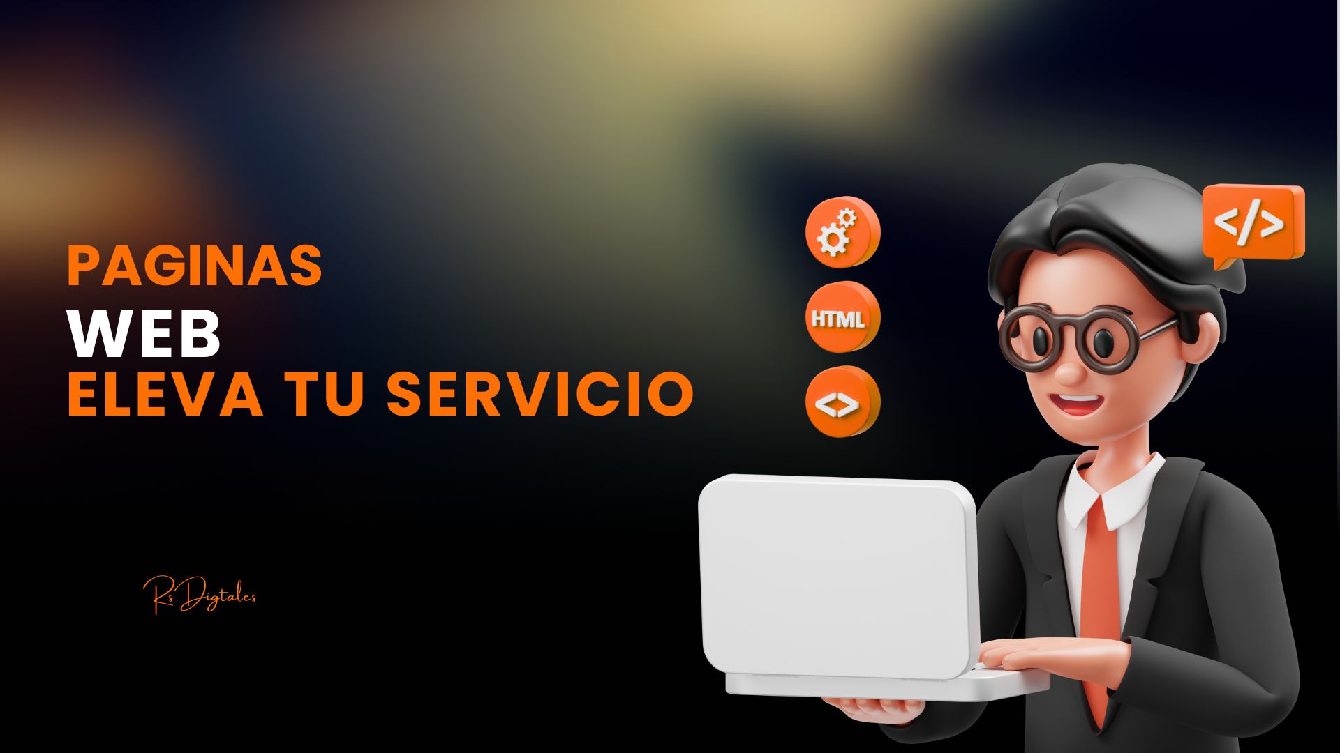Diseño y desarrollo de páginas web Ilustración 3D de un desarrollador web usando un portátil con íconos de programación, simbolizando el servicio de diseño web de R Soluciones Digitales.