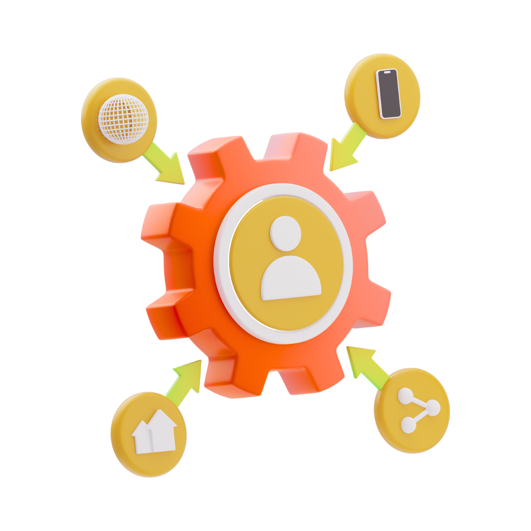 Gestión Centralizada de Usuario Engranaje con ícono de usuario conectado a íconos de casa, celular, mundo digital y compartir, representando integración multicanal.