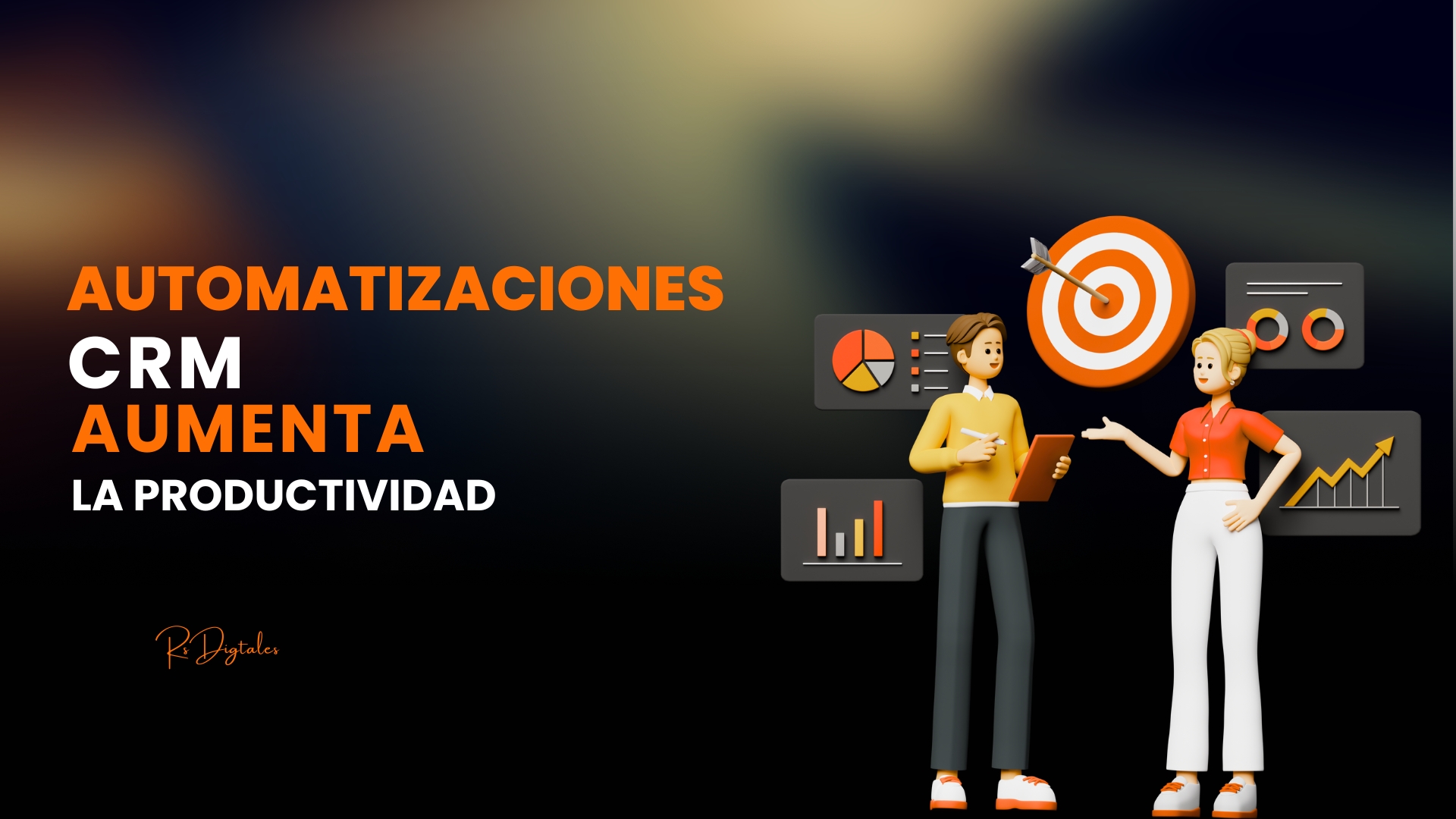 Automatización CRM para aumentar la productividad Ilustración 3D de dos personas analizando métricas frente a gráficos y una diana, simbolizando la automatización CRM de R Soluciones Digitales para mejorar la productividad.