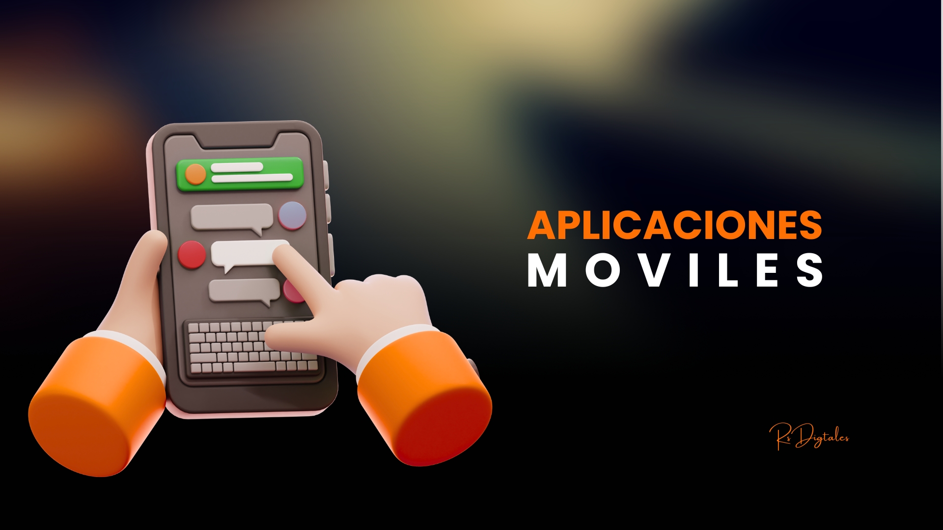Desarrollo de Aplicaciones Móviles Ilustración 3D de manos interactuando con un smartphone, representando el desarrollo de aplicaciones móviles por R Soluciones Digitales.