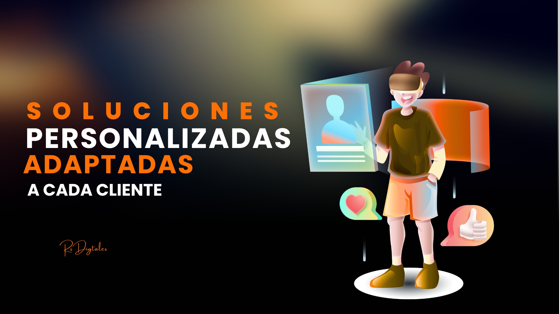 Persona con gafas de realidad virtual interactuando con elementos digitales para soluciones personalizadas.