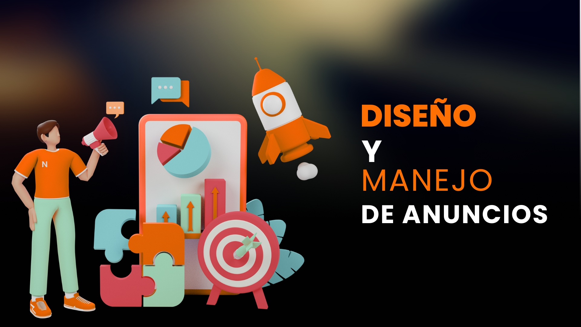 Diseño y Manejo de Anuncios Persona con megáfono frente a gráficos, una diana y un cohete, representando el diseño y gestión de anuncios digitales.