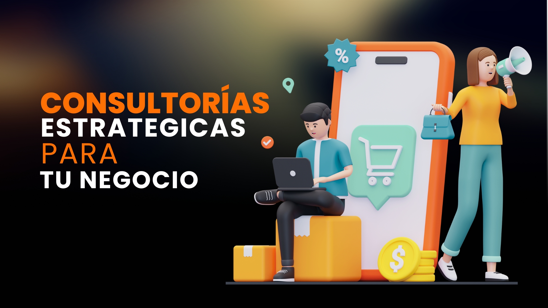 Consultorías Estratégicas para tu Negocio Personas junto a un celular gigante con íconos de carrito de compras, monedas y megáfono, representando consultoría estratégica para negocios.