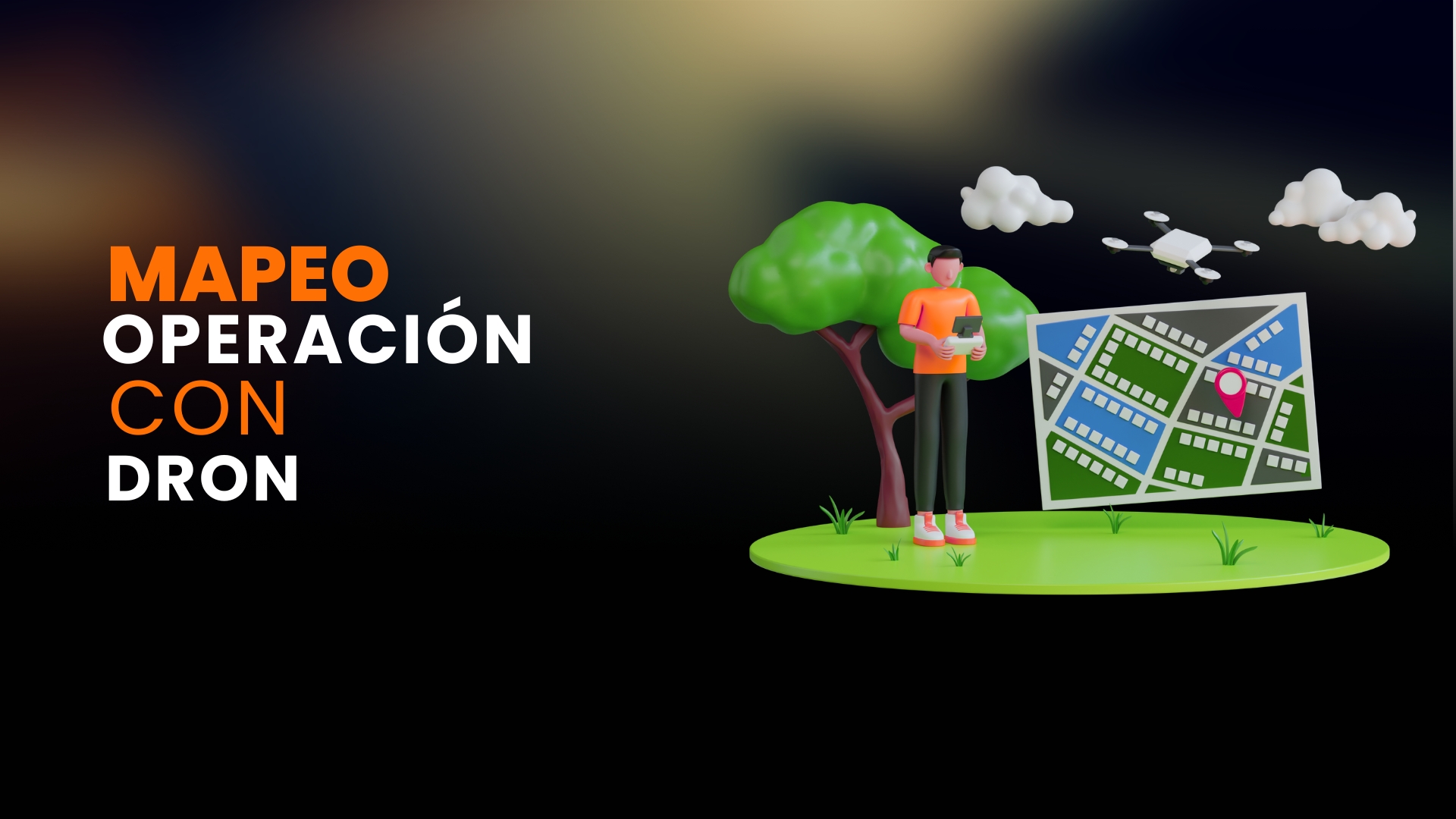 Ilustración de operador con dron y mapa digital en un entorno natural.