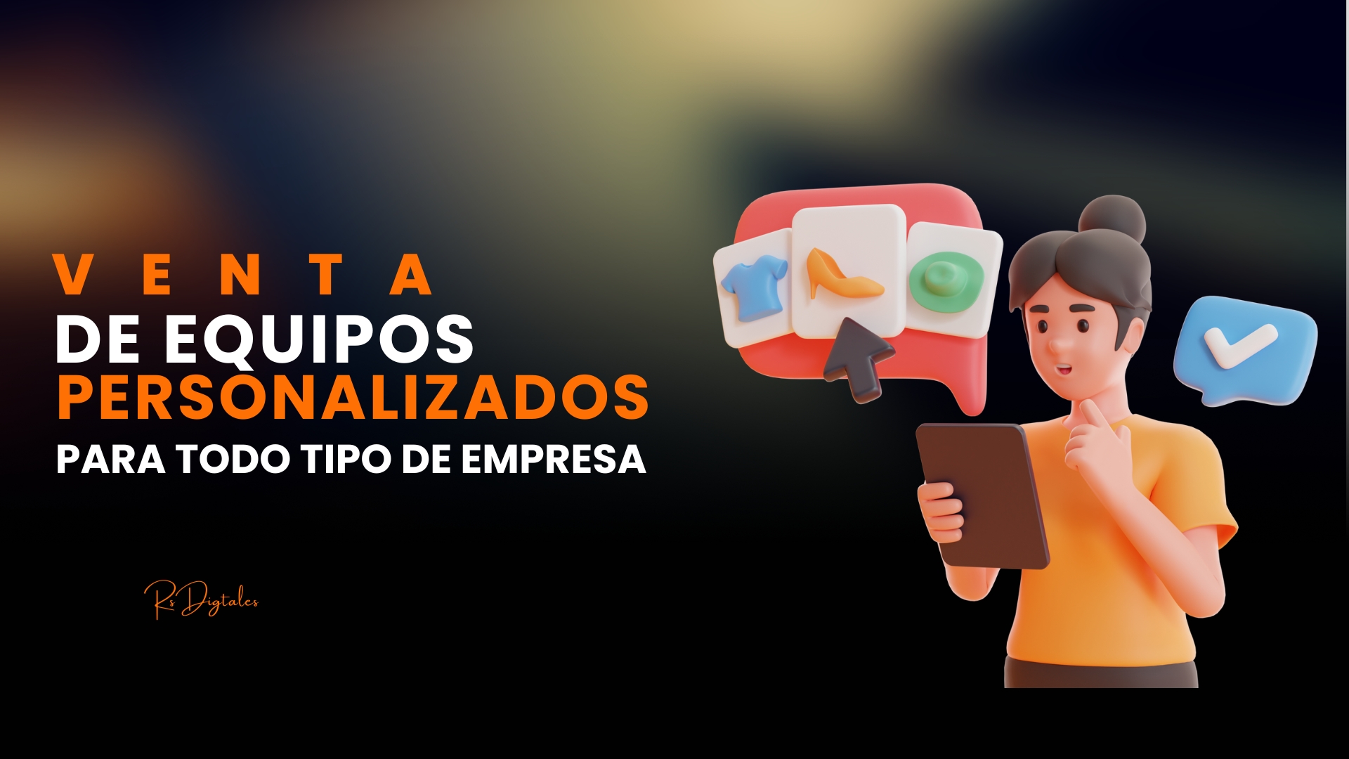 Persona con tablet junto a íconos de productos personalizados, representando venta empresarial.
