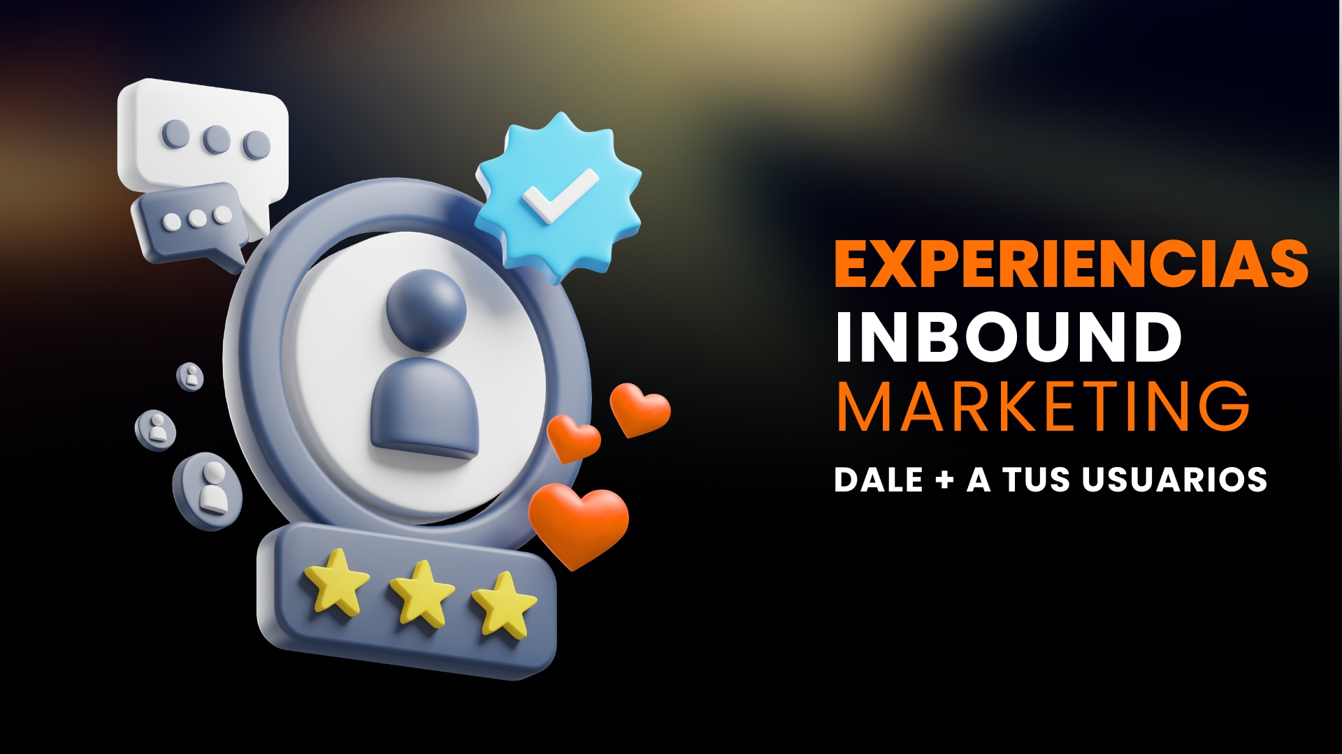 Iconos de usuario, estrellas, corazones y mensajes que representan experiencias positivas en inbound marketing.
