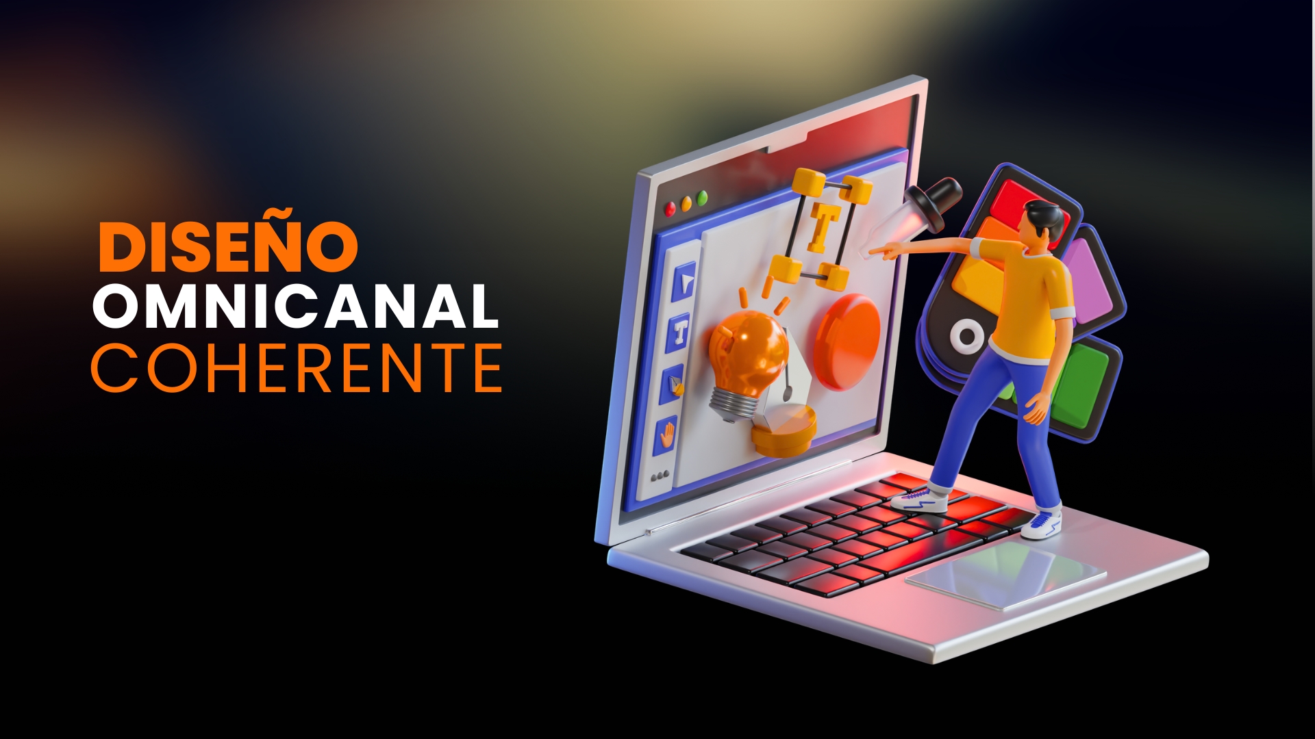 Persona diseñando en laptop con bombilla, herramientas gráficas y paletas de color representando diseño omnicanal coherente.