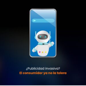 Robot en pantalla de smartphone representando la saturación de publicidad invasiva en marketing digital.