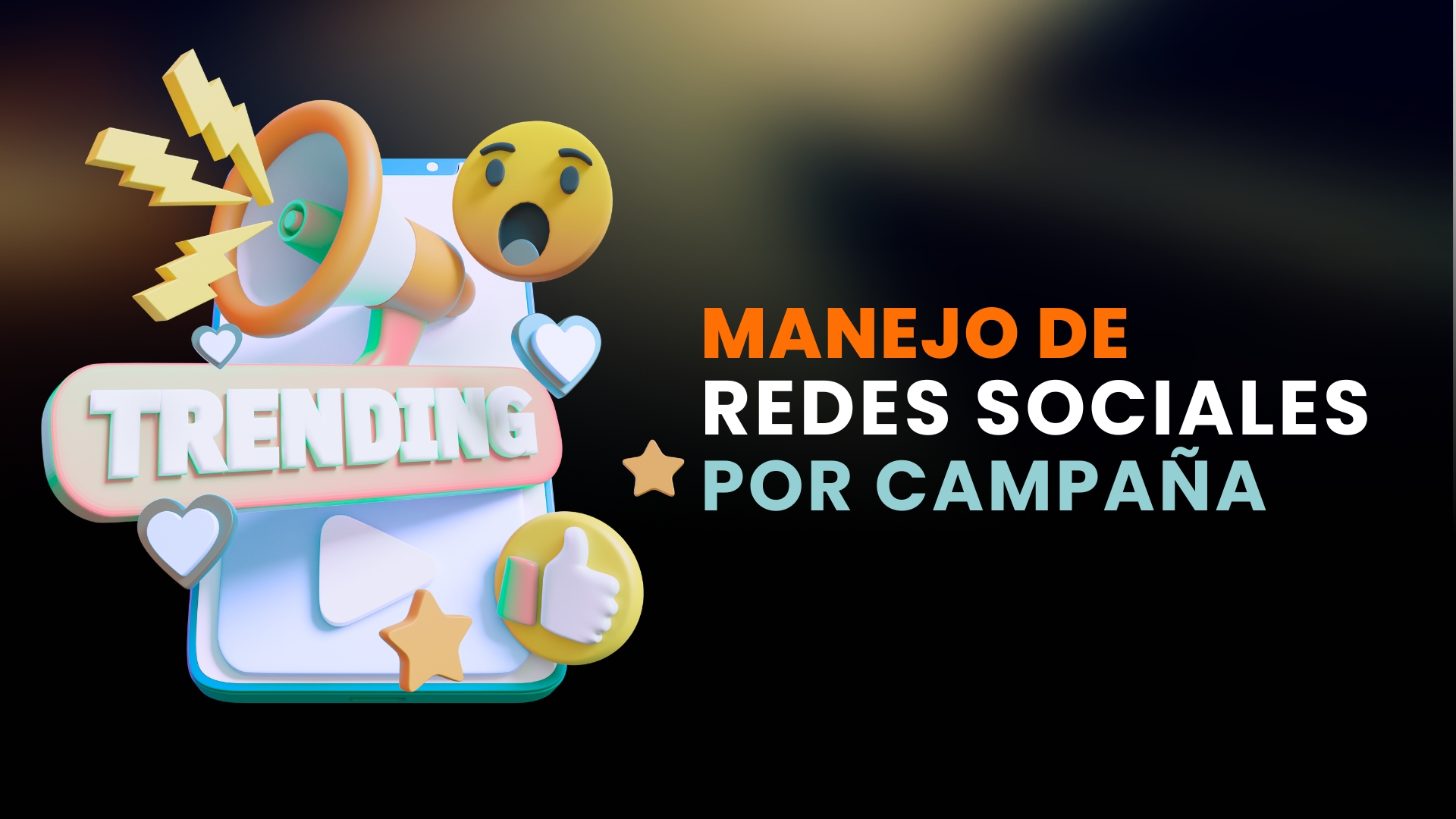 Manejo de Redes Sociales por Campaña Ilustración 3D con megáfono, emojis y texto sobre manejo de redes sociales por campaña.