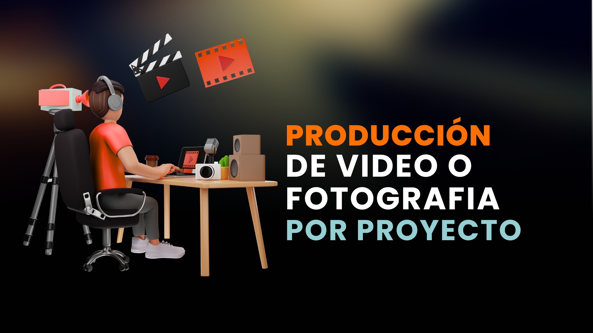 Producción de Video o Fotografía por Proyecto Ilustración 3D de creador de contenido con equipo audiovisual y texto sobre producción de video o fotografía por proyecto.