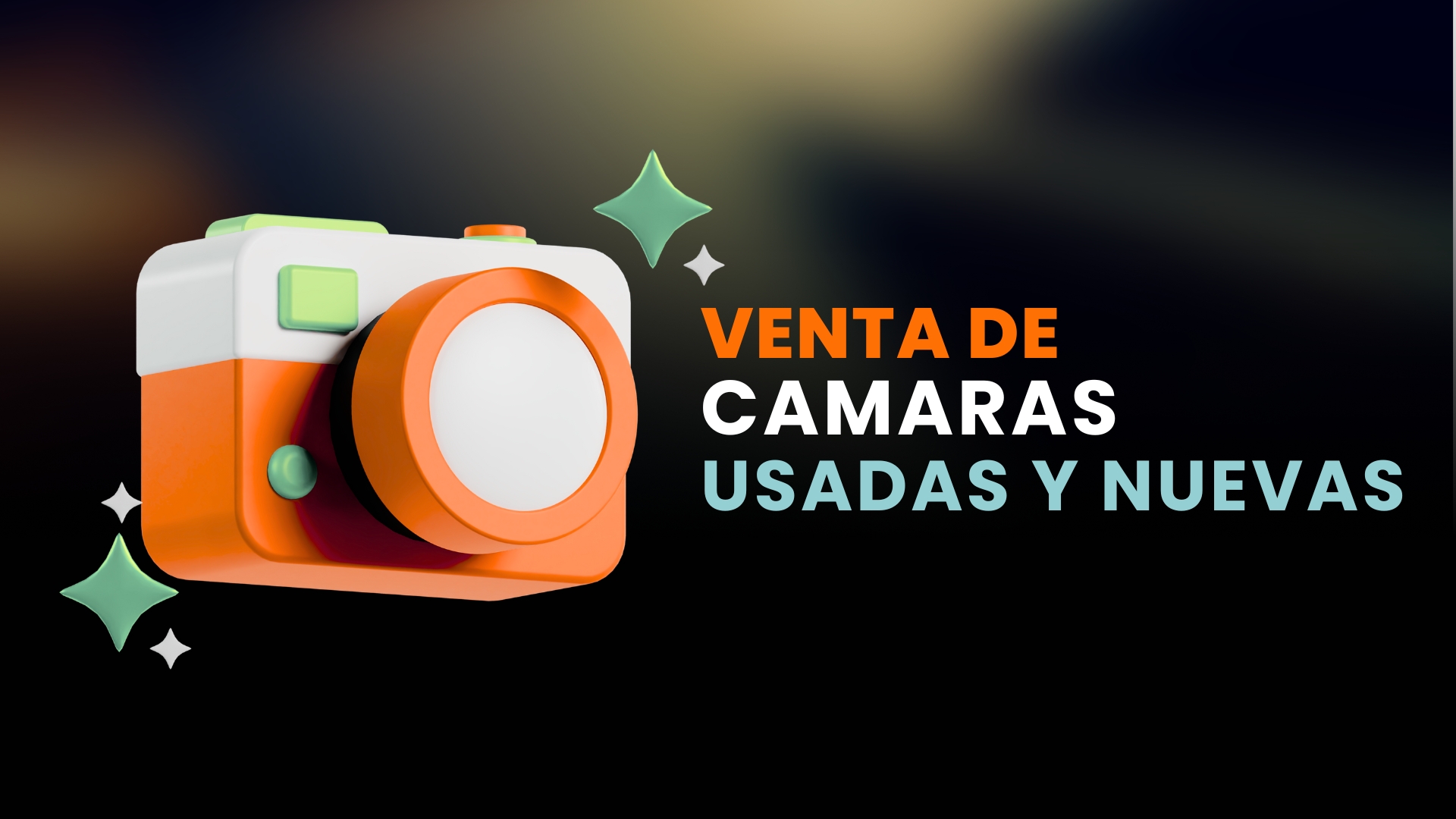 Venta de Cámaras Usadas y Nuevas Cámara fotográfica 3D promocionando venta de cámaras usadas y nuevas.