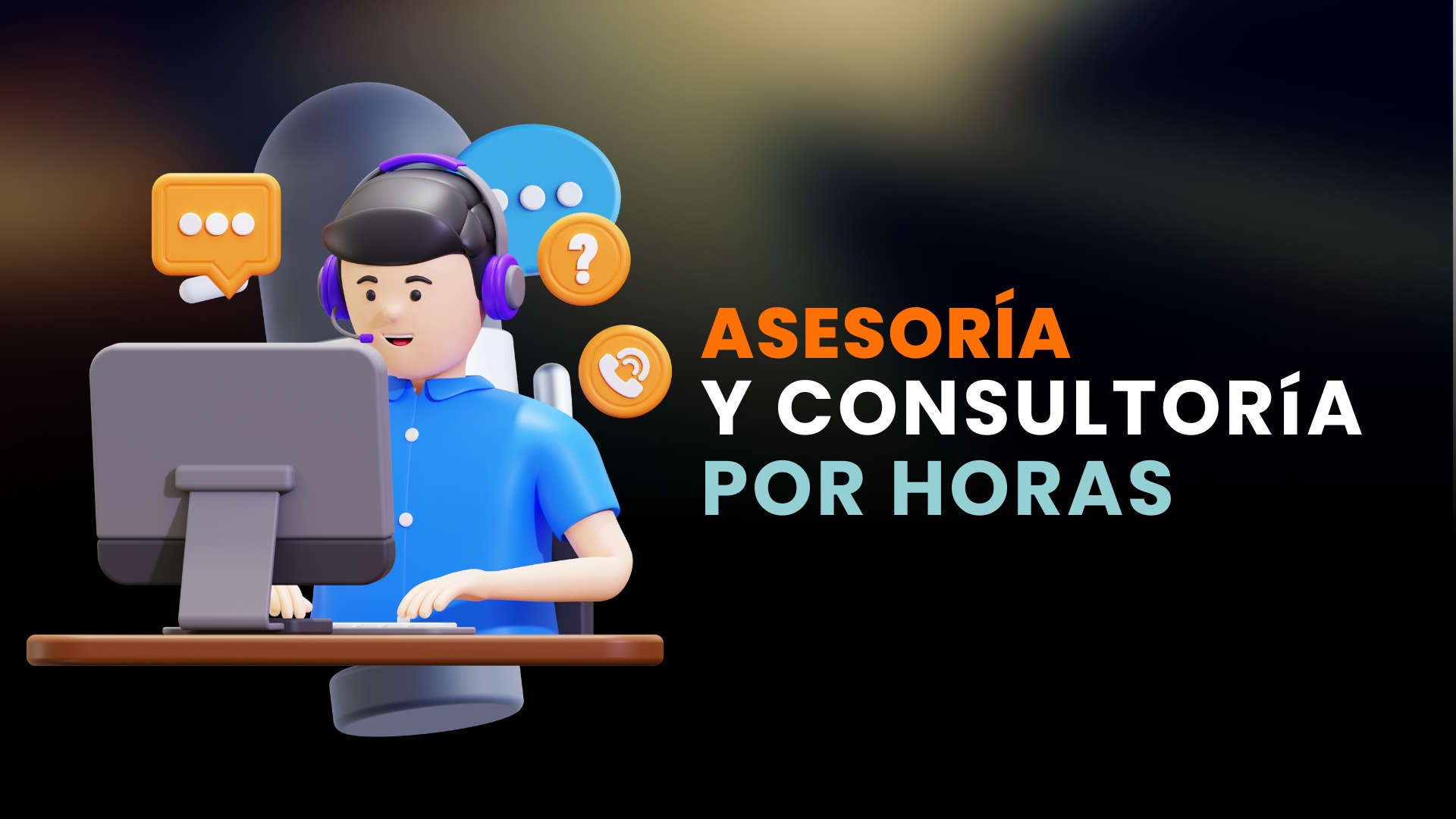 Persona con auriculares frente a un computador con íconos de ayuda y el texto "Asesoría y consultoría por horas" sobre fondo oscuro.