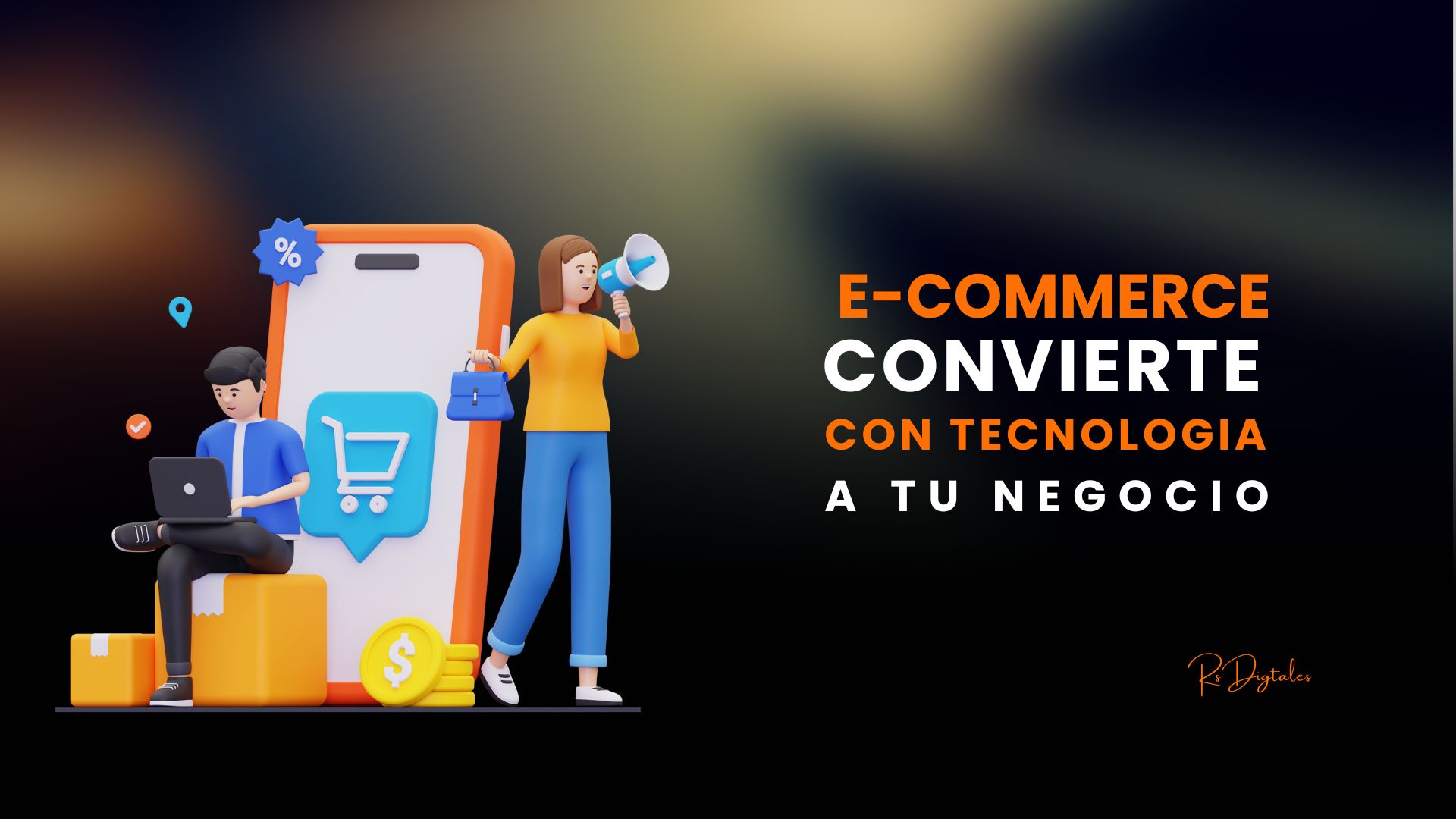 Soluciones de E-commerce Ilustración 3D de personas frente a un celular con íconos de e-commerce, representando soluciones tecnológicas de ventas online de R Soluciones Digitales.