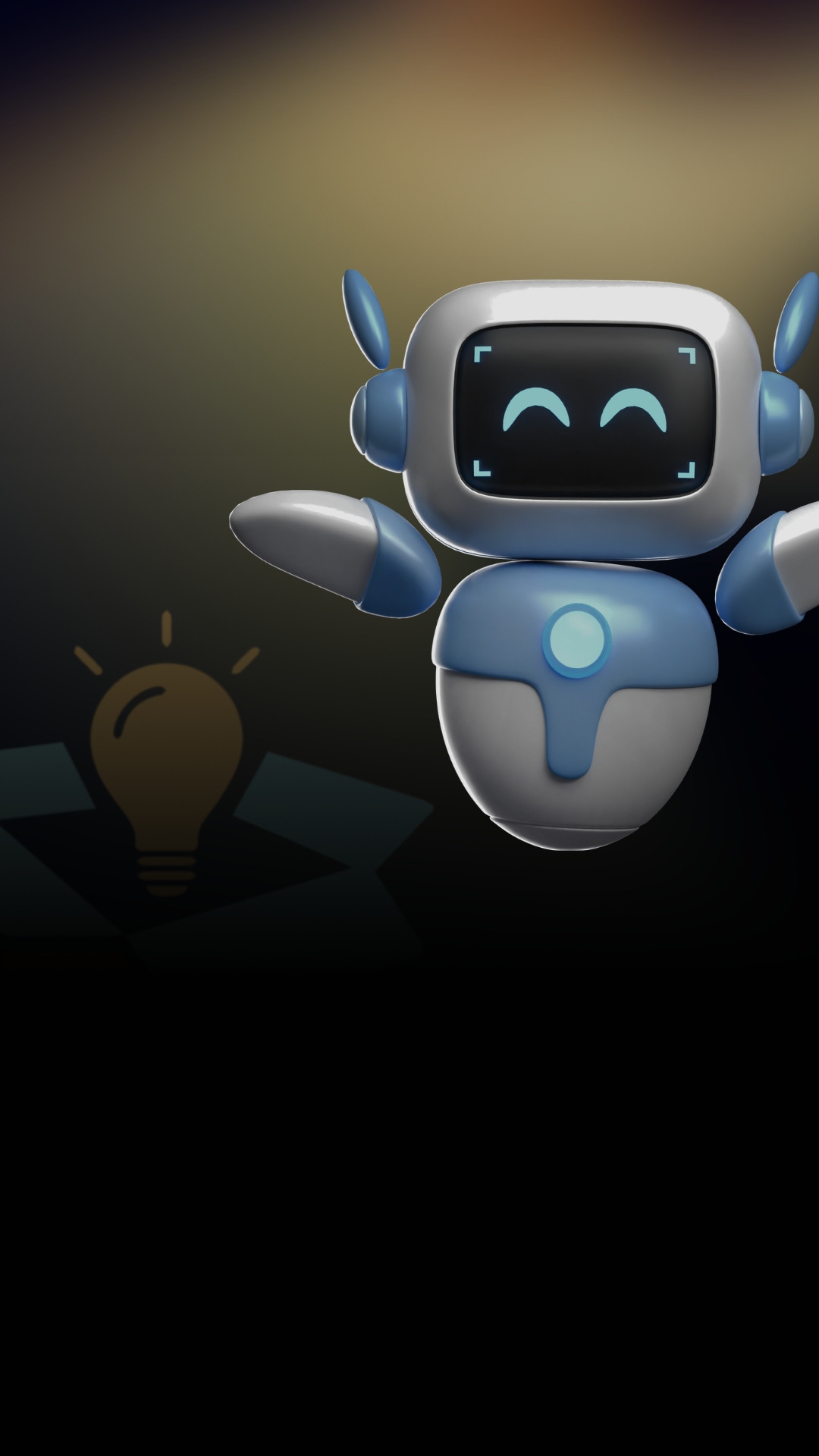 Robot digital con enfoque creativo Ilustración 3D de un robot azul sonriente con fondo oscuro y bombilla, representando creatividad y tecnología de R Soluciones Digitales.
