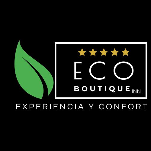 Logo Eco Boutique Inn Logo de Eco Boutique Inn con hoja verde, cinco estrellas doradas y el eslogan "Experiencia y Confort" sobre fondo negro.