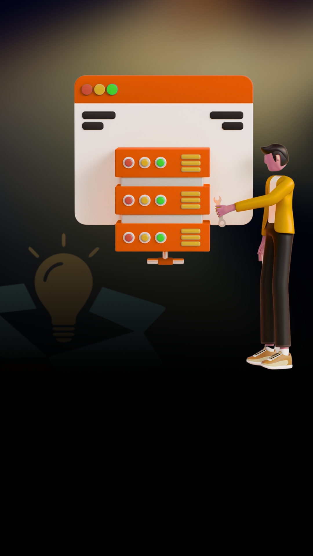 Mantenimiento y Gestión de Servidores Web Ilustración 3D de un técnico gestionando un servidor web con panel de control, representando el servicio de soporte tecnológico de R Soluciones Digitales.