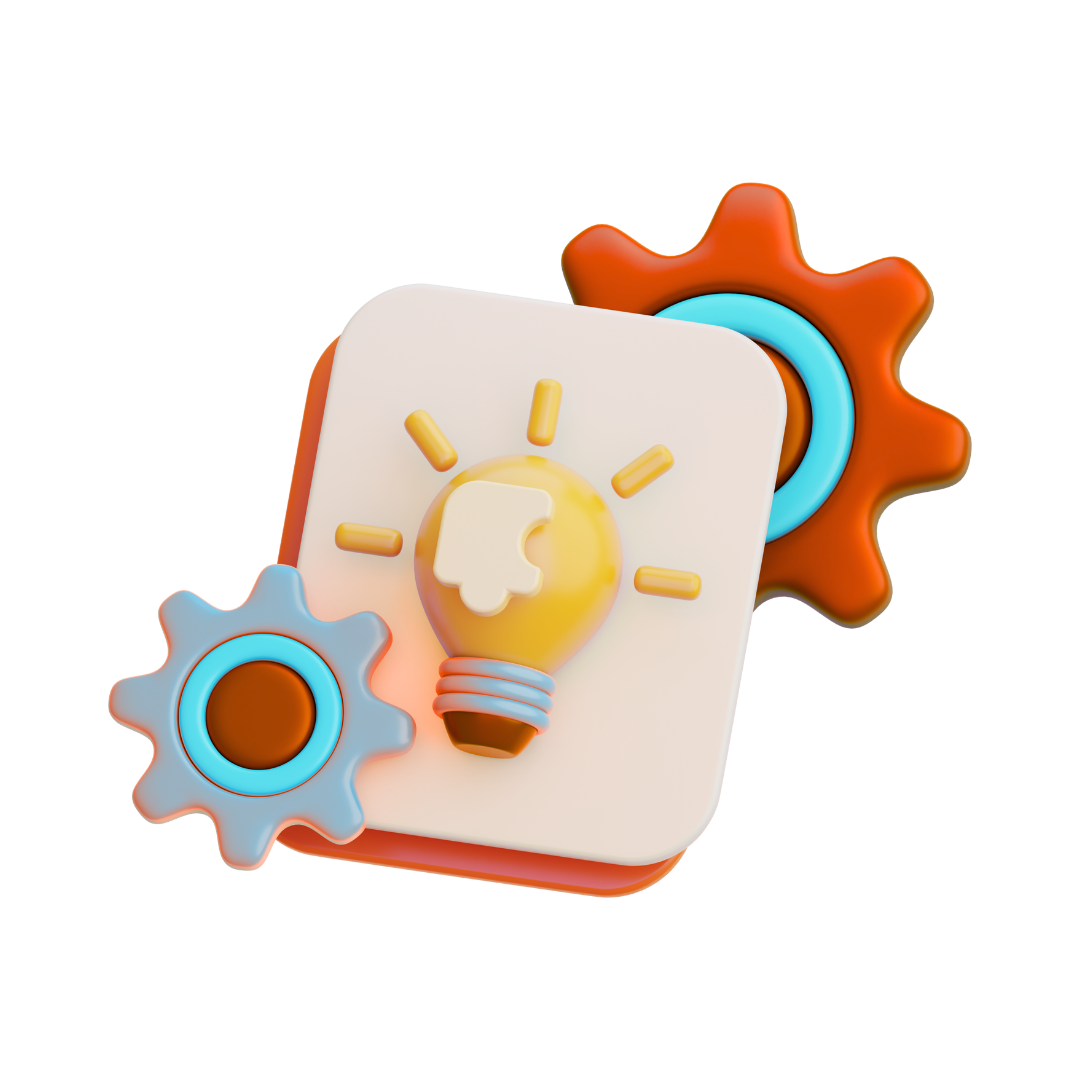 Innovación y Automatización de Ideas Bombilla amarilla con engranajes naranjas y azules simbolizando ideas y automatización en estilo 3D.
