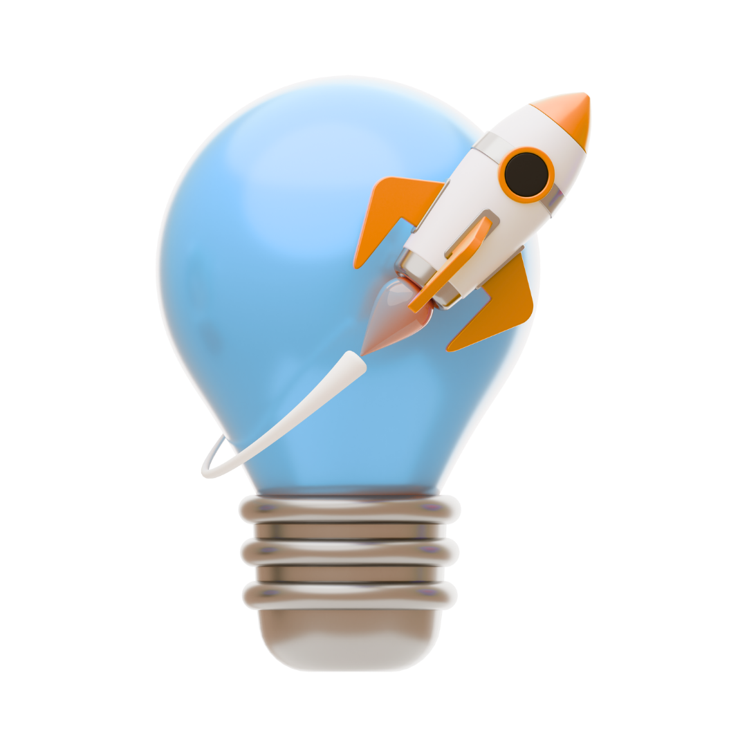 Innovación y Lanzamiento de Ideas Bombilla azul con cohete despegando que simboliza innovación y lanzamiento de ideas.
