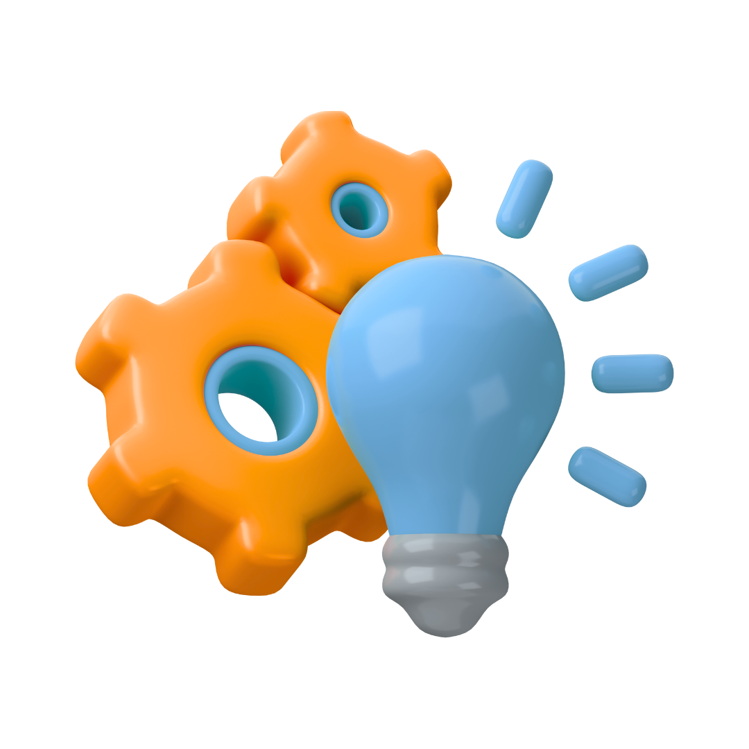 Ilustración 3D de dos engranajes naranjas y una bombilla azul encendida, simbolizando innovación y procesos.
