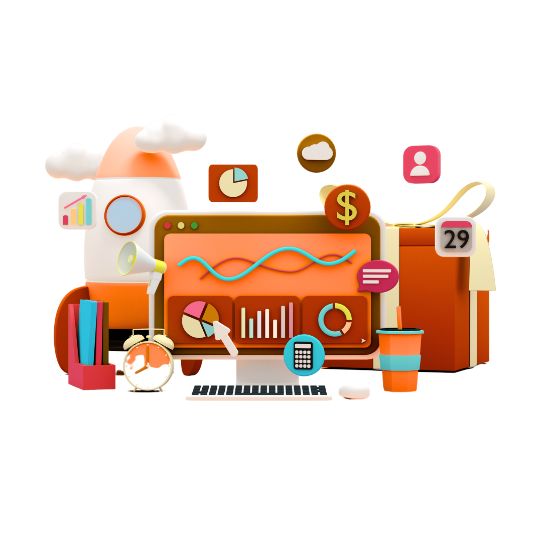 Análisis Digital y Productividad Ilustración 3D de computadora con gráficos, indicadores financieros y elementos de productividad como calendario, reloj, cohete y café.