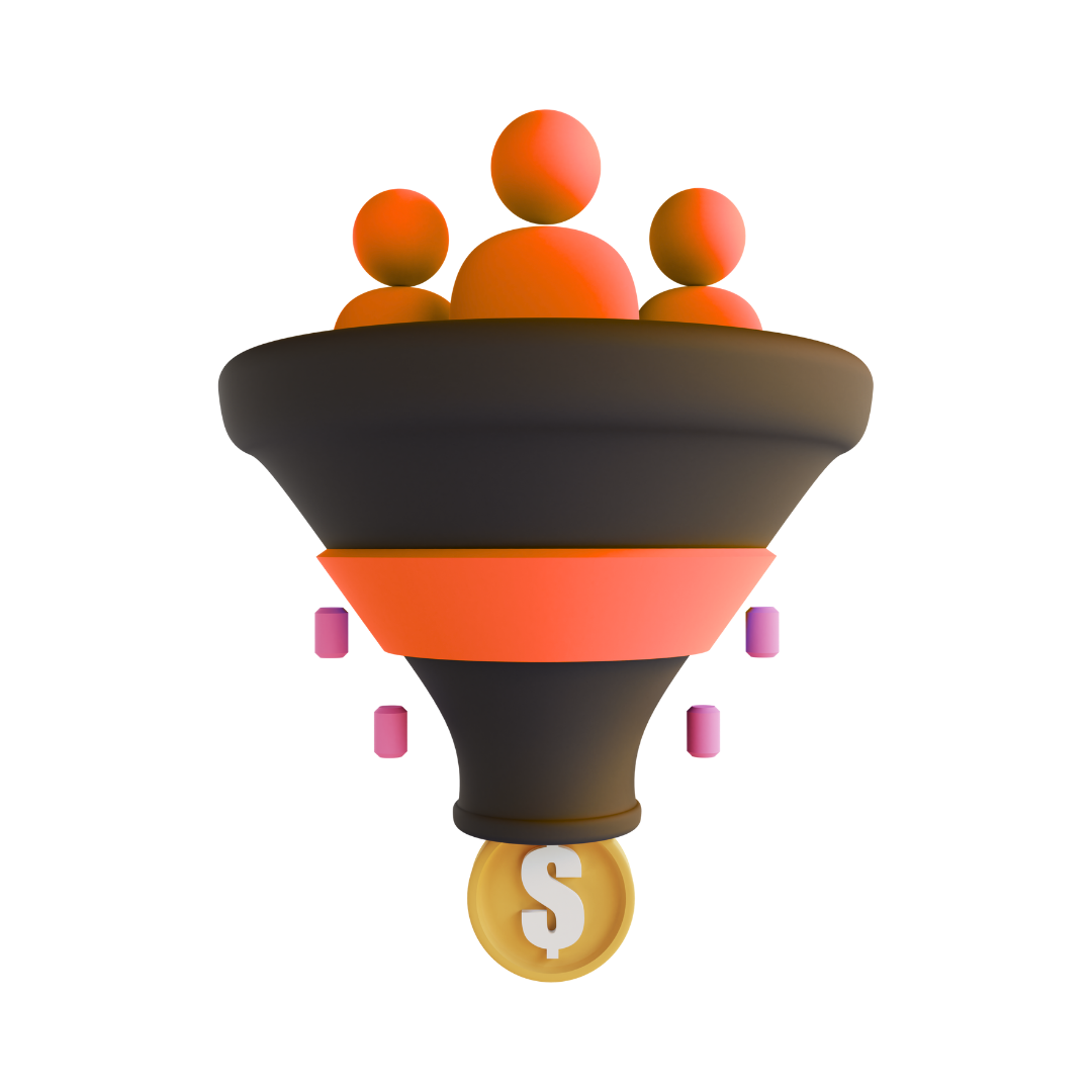 Embudo de Conversión de Ventas Embudo de ventas en 3D con personas ingresando y una moneda saliendo por la parte inferior, simbolizando la conversión en ingresos.