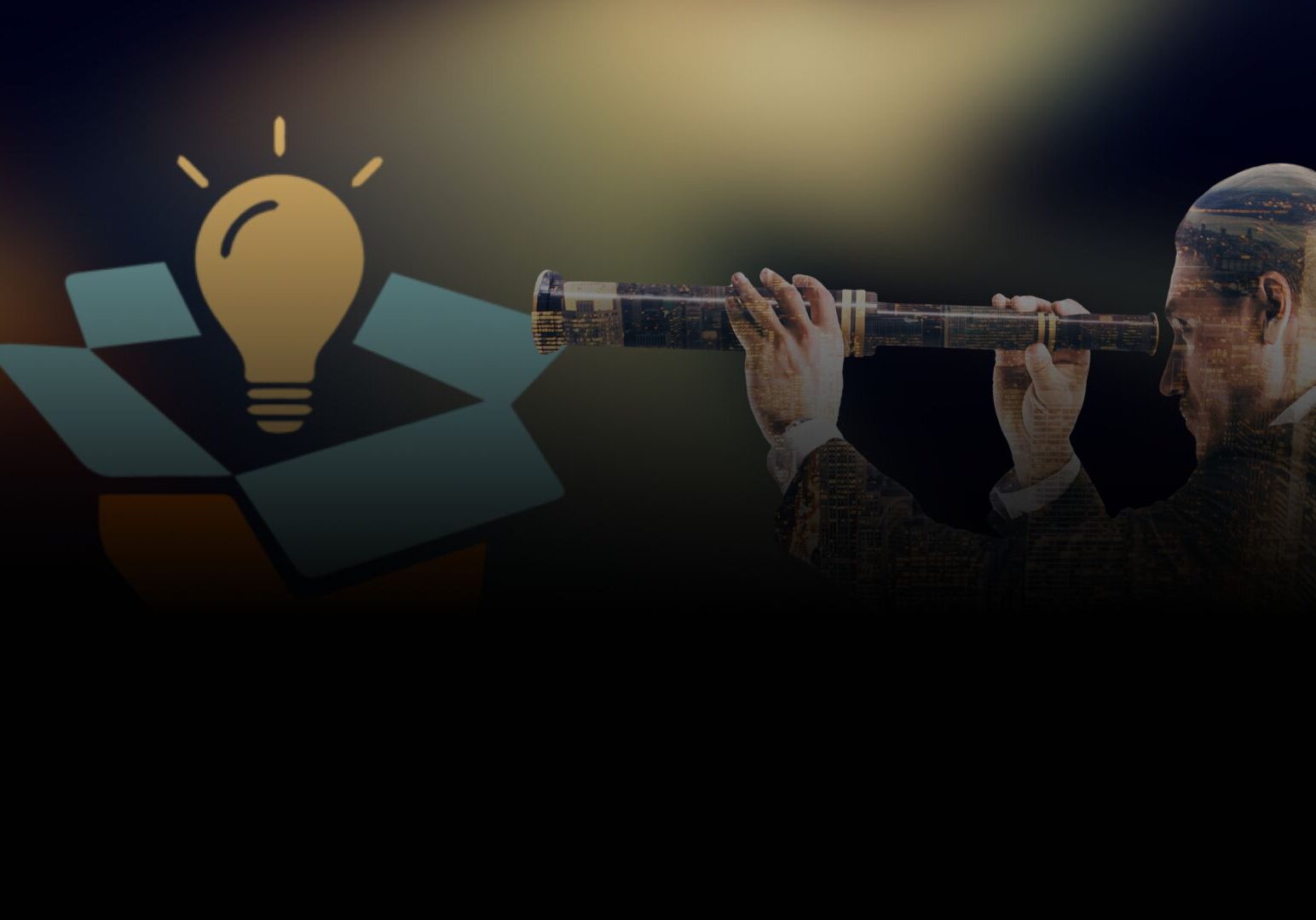 banner RSD Visión estratégica para un futuro digital Hombre observando con catalejo junto al logotipo de R Soluciones Digitales, simbolizando visión estratégica e innovación.